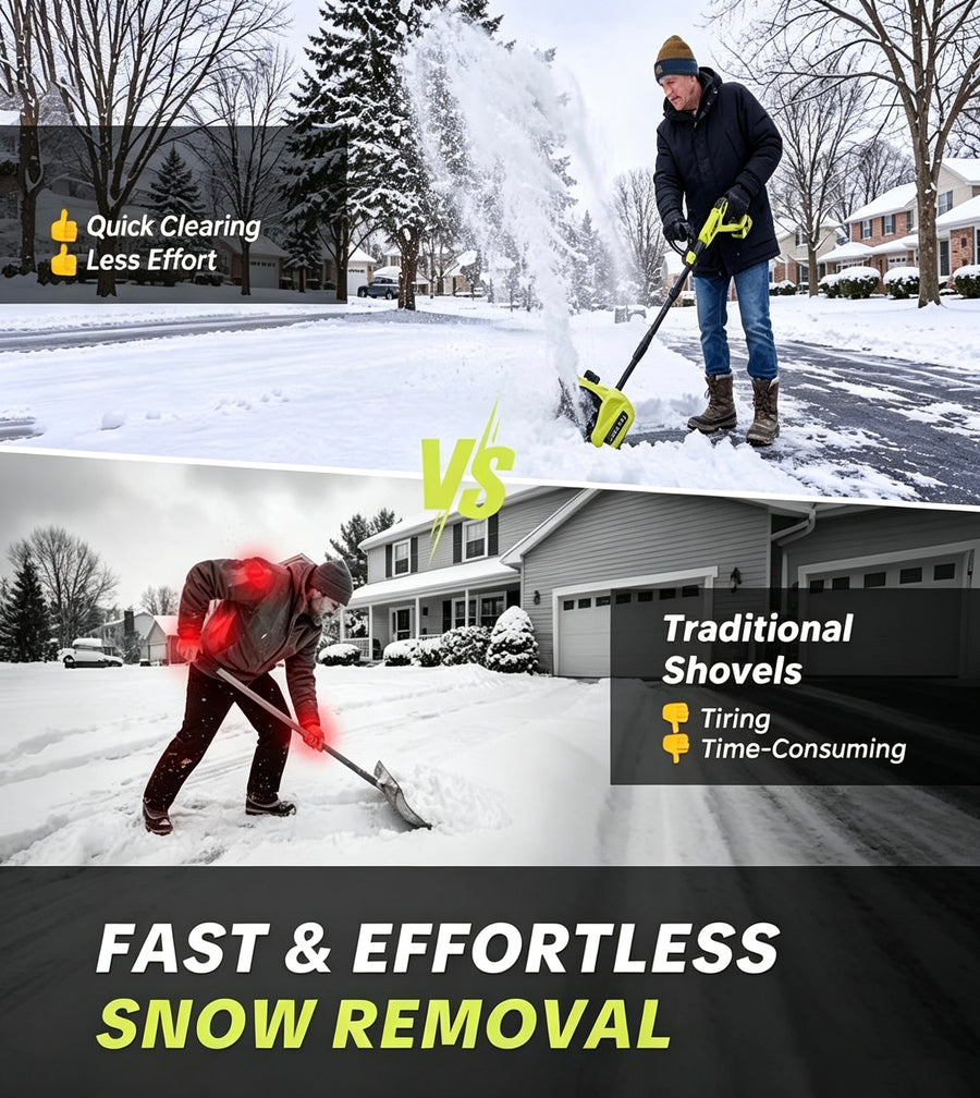 Using the cordless snow shovel to clear a snowy driveway