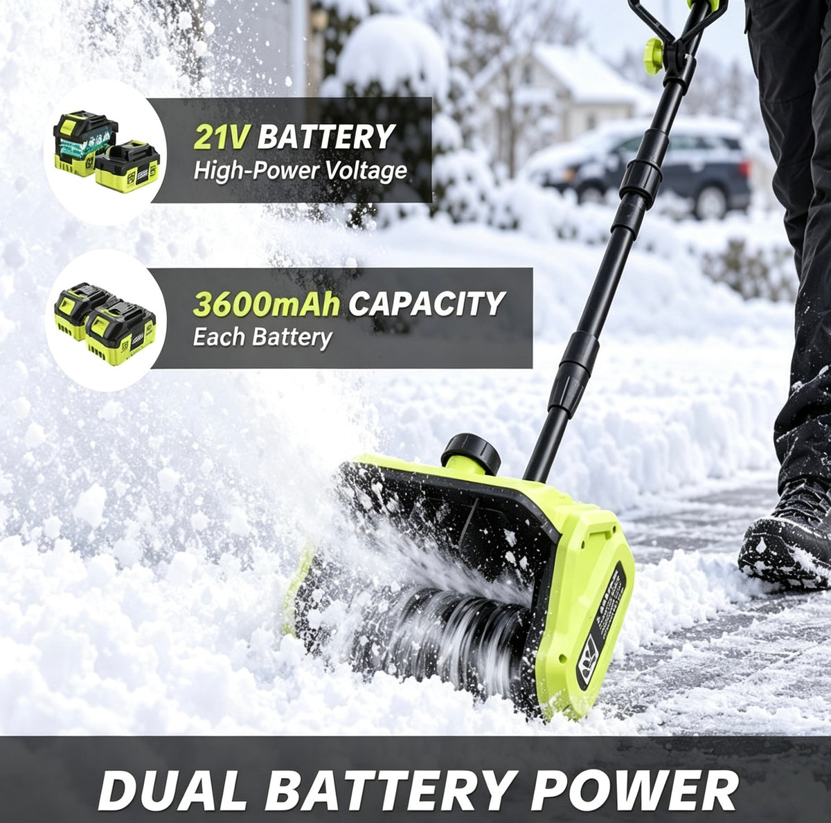 21V Cordless Snow Shovel with 2 Batteries, Adjustable Handle & Directional Chute