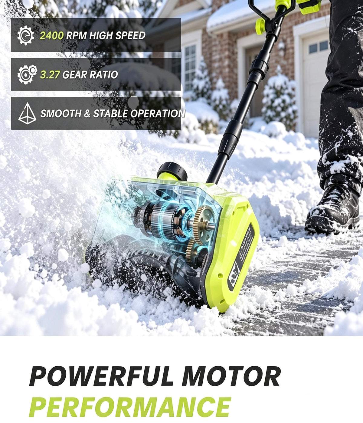 21V Cordless Snow Shovel with 2 Batteries, Adjustable Handle & Directional Chute